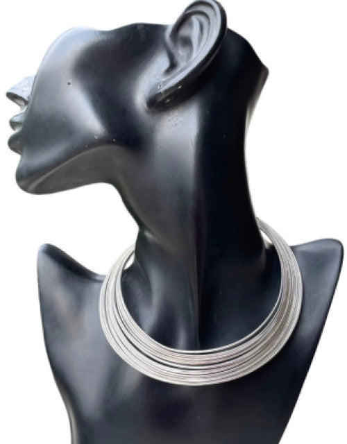 Chunky Braided Thick Stripe Choker Necklace ( Silver )